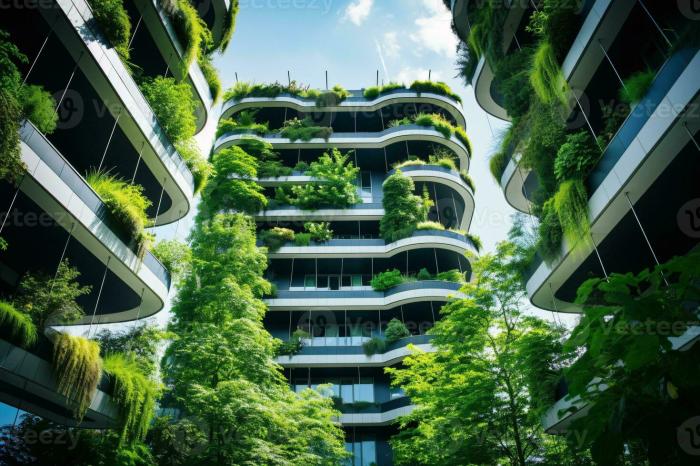 Sustainable green building in modern city. Green architecture. Eco ...
